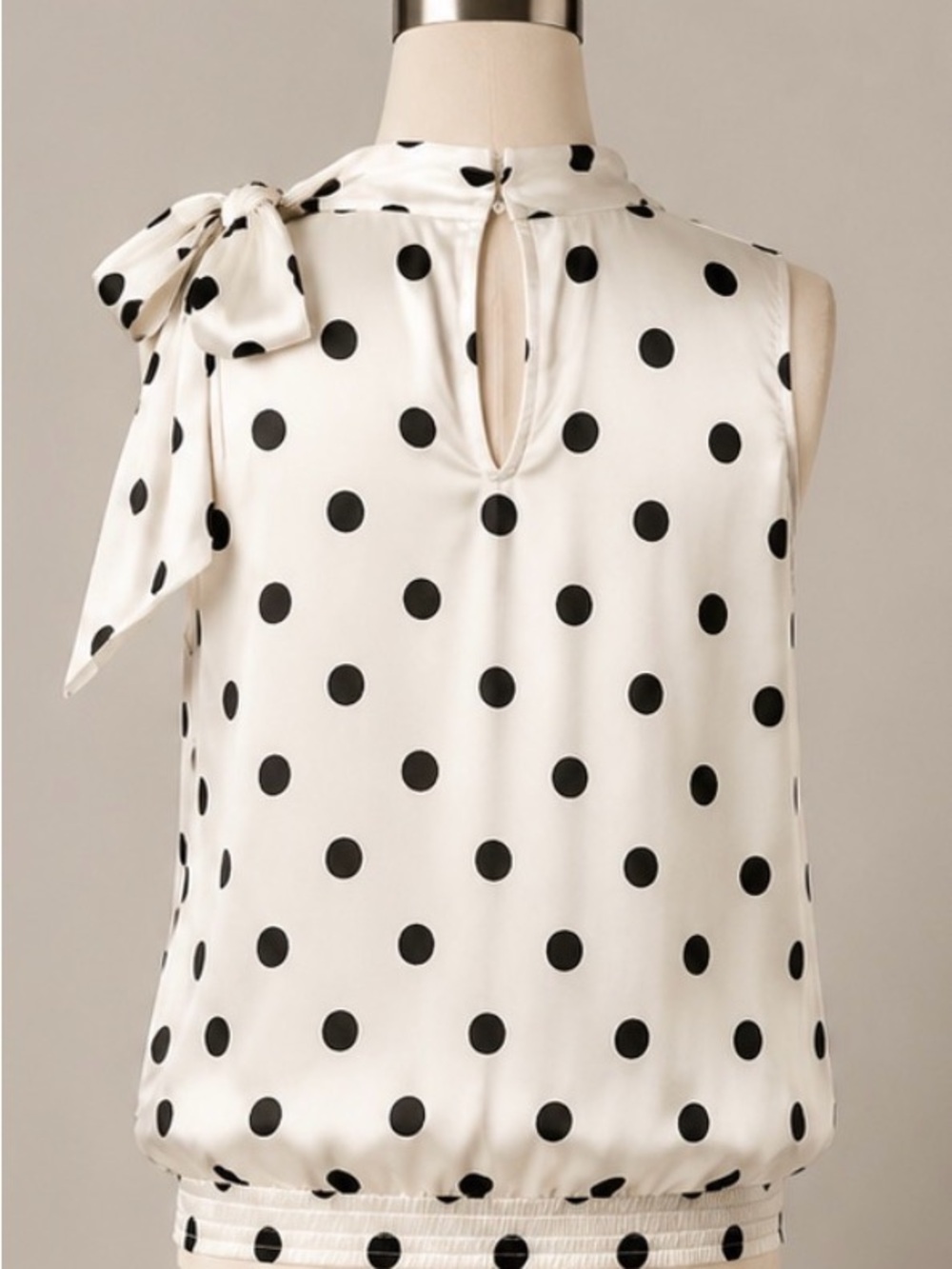 White House Black Market White Sleeveless Polka Dot Tie-Neck Blouse - Picture 2 of 5
